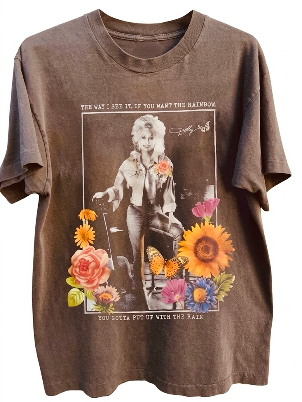 Dolly Parton Rainbow Quote Floral Retro Country Music Unisex Brown T-Shirt
